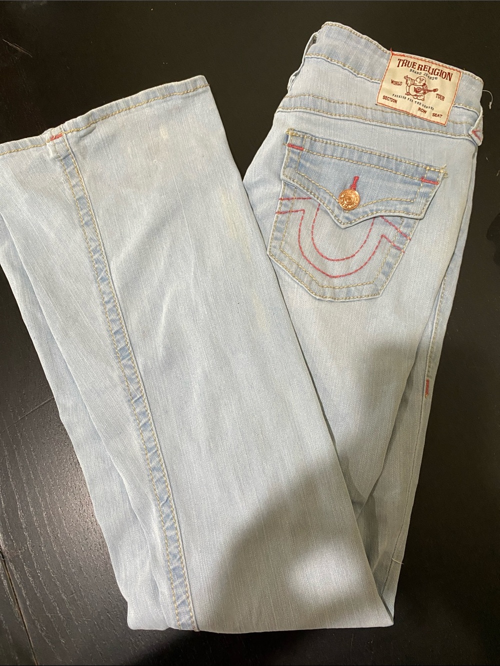 True Religion Pale Blue Denim Jeans with pink Stitching Detail